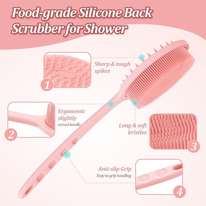 Silicone Back & Body Scrubber Set 2PCS, 13.4'' Gentle Exfoliating Back Scrubber with Dual-Side Head and Non-Slip Handle, Hygienic Silicone Loofah with Soft Bristles and Massage Dots(Pink-2PC)