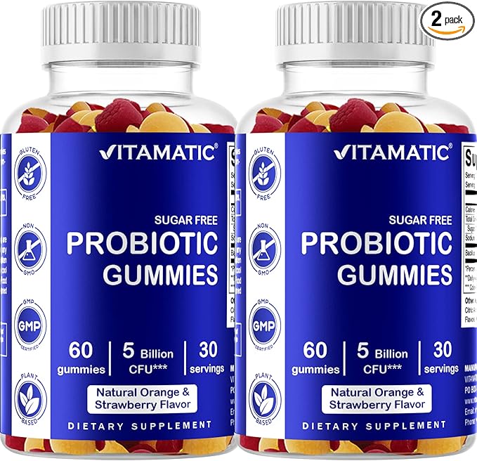 Vitamatic Sugar Free Probiotic Gummies for Men and Women – 5 Billion CFUs - 60Gummies per Bottle | 2 Pack (120 Gummies) Digestive, Immune & Gut Health Support – Gluten Free