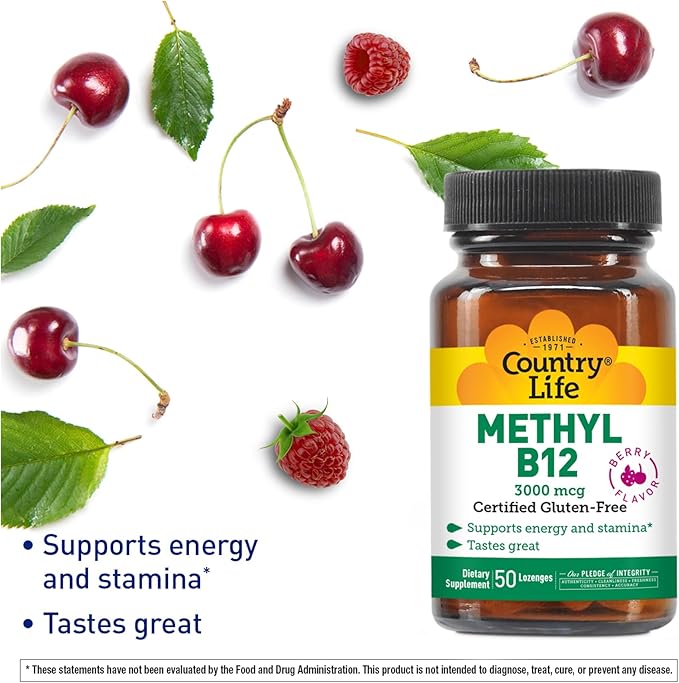 Country Life Methyl B-12 3000 mcg Lozenges, Vegan, Methylcobalamin for Energy and, Easily Absorbed, B12 Vitamin, Supports Energy Levels, Stamina & Metabolism, 50 Count