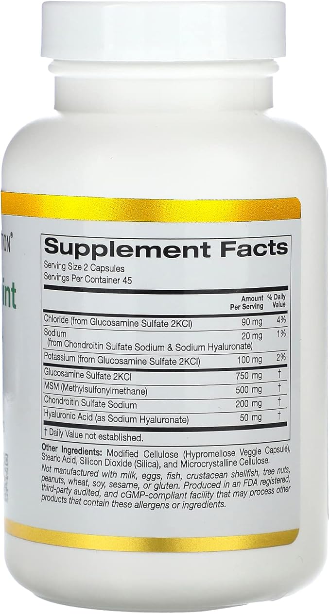 California Gold Nutrition Vegetarian Glucosamine, Chondroitin, Hyaluronic Acid, MSM, Total Veggie Joint & Bone Support Formula, Non GMO, No Soy, Gluten Free, 90 Veggie Capsules