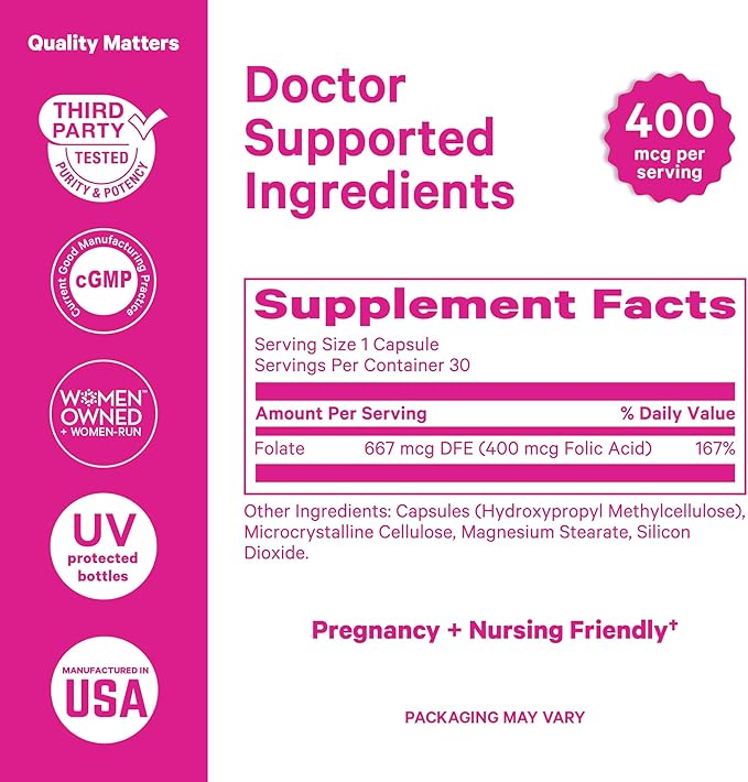 Pink Stork Folic Acid Supplement for Women – 400mcg, Daily Vitamin B9 for Prenatal & Fertility Support, Supports Red Blood Cell Formation & Energy – 30 Vegetarian Capsules