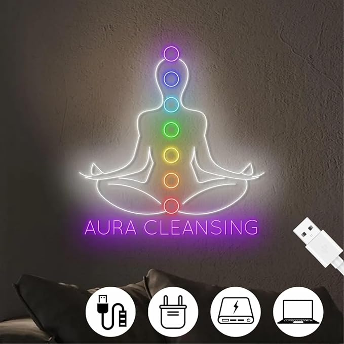 Aura Cleansing Neon Sign, Isha Yoga Neon Light, Meditation Led Light, Vipassana Wall Art, Mindfulness Home Wall, Pilates Studio Art Yoga Lover Gift, Psychic Chakras Healing Exercise