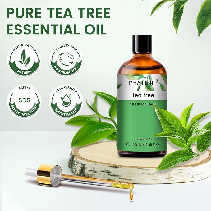 Pure Tea Tree Essential Oil, 100% Pure Therapeutic Grade Premium Oil for Hair Care, Nail Care, Skin Care, Aromatherapy 3.38Fl Oz