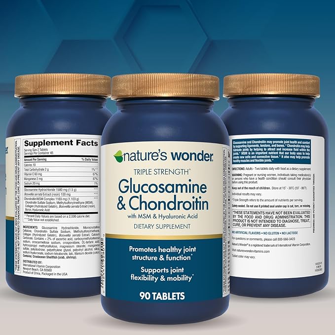 Nature's Wonder Triple Strength Glucosamine Chondroitin with MSM and Hyaluronic Acid and Boswellia for Joint Health, Supports Joint Flexibility and Mobility, 45 Day Supply, 90 Tablets