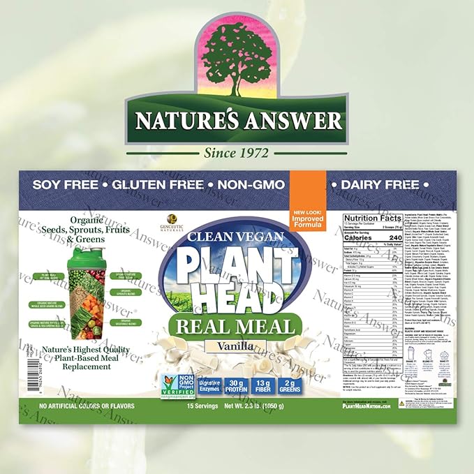 Plant Head Real Meal Organic Plant Based Protein Powder, Vanilla - Vegan, Low Net Carbs, Non Dairy, Gluten Free, Lactose Free, No Sugar Added, 2.3 Pound