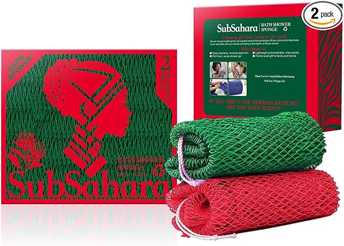 SubSahara Authentic African Net Sponge - 2 Pieces Exfoliating Scrubber for All Skin Types, Bath Sponge for Face & Body, Travel Portable, Durable, Gentle Exfoliation (Red & Green)