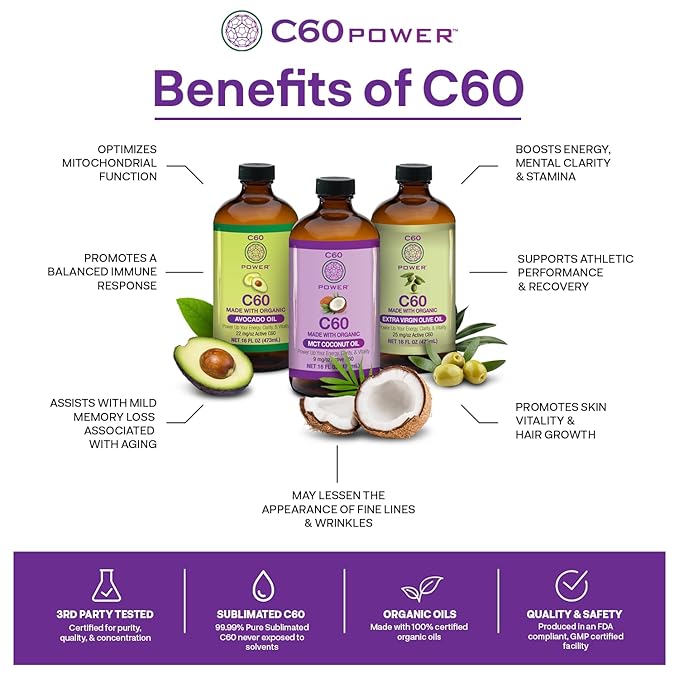 C60 Power C60 in Organic MCT Coconut Oil - Natural Wellness Support for Men & Women, 99.99% Pure Carbon Fullerenes, Promotes Energy, Mental Clarity, & Stamina - 4 fl oz Bottle