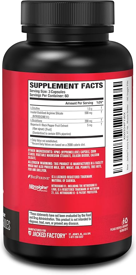 Jacked Factory N.O. XT Nitric Oxide Supplements for Men w/Nitrosigine L Arginine L Citrulline Supplement for Muscle Pumps & Vascularity - Pre Workout Nitric Oxide Booster & Muscle Builder - 180 Caps