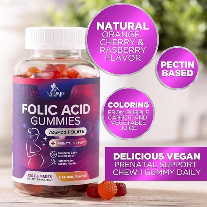 Folic Acid Gummies for Women 785 mcg, Essential Prenatal Vitamins for Mom & Baby, Vegan Folic Supplement Gummy, Daily Vitamin B9 Extra Strength Folate, Before During After Pregnancy - 120 Gummies