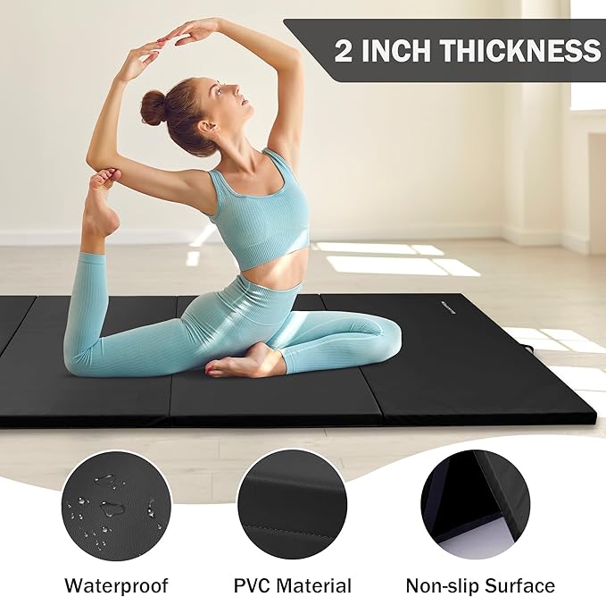 Folding Exercise Gymnastics Mat 4'x8'x2" Gym Workout Mat with Carrying Handles High-Density Anti-Tear Portable Fitness Aerobics Mats for Home Gym Yoga Pilates Tumbling MMA Core Training, Multiple Colors