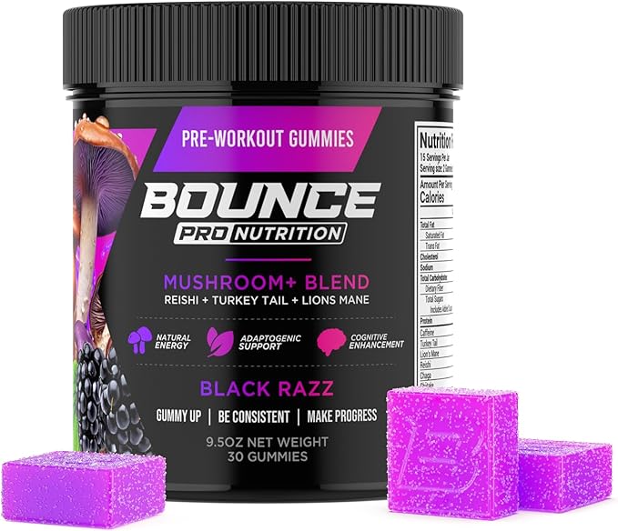 Bounce Pro Pre-Workout Gummies – Natural Focus Blend, Energy Gummies for Men & Women, Functional Mushroom+ Lion’s Mane, Fat-Burning Preworkout for Strength & Endurance (30 Count, Black Razz)