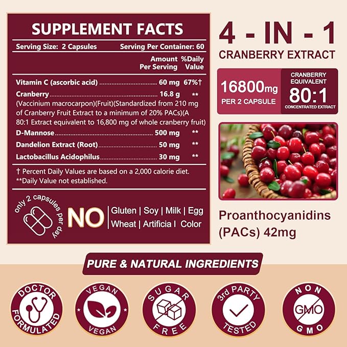 NATURE TARGET Cranberry Pills with D-Mannose for Women - Super Strength 80:1 Extract - Cranberry Supplement 16800 mg with Vitamin C, Supports Urinary Tract Health, Bladder Control, 120 Veggie Capsules