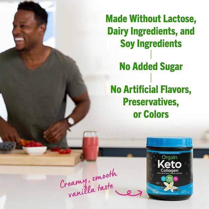 Orgain Keto Collagen Protein Powder with MCT Oil, Vanilla - Paleo Friendly, Grass Fed Hydrolyzed Collagen Peptides Type I and III, Dairy Free, Gluten Free, Soy Free, 0.88 Lb (Packaging May Vary)