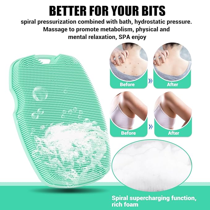 Silicone Body Scrubber Anti Slip for Shower,Zinc Infused Soft Bristles Shower Scrubber for Body Exfoliator,Hygienic,Blood Circulation - Green