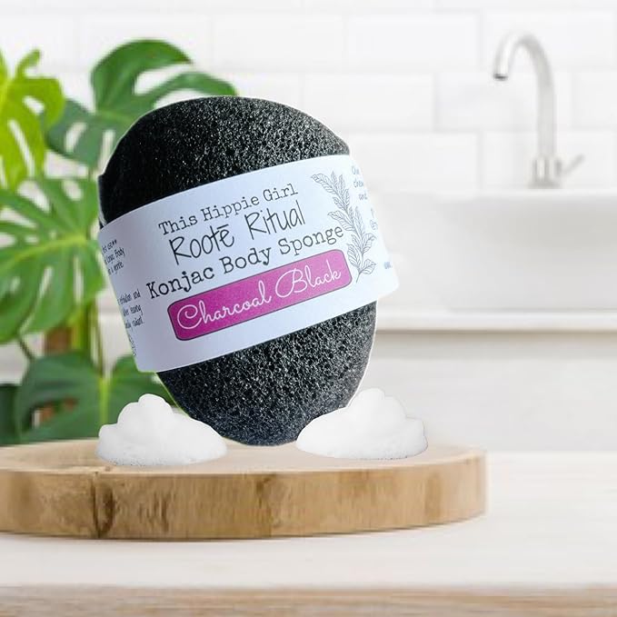 Roote Ritual Konjac Body Sponge – 100% Natural Exfoliating Shower Sponge for Sensitive Skin – Gently Deep Cleanses & Softens, Earth-Friendly, Biodegradable, Vegan – for Women, Men (Charcoal Black)