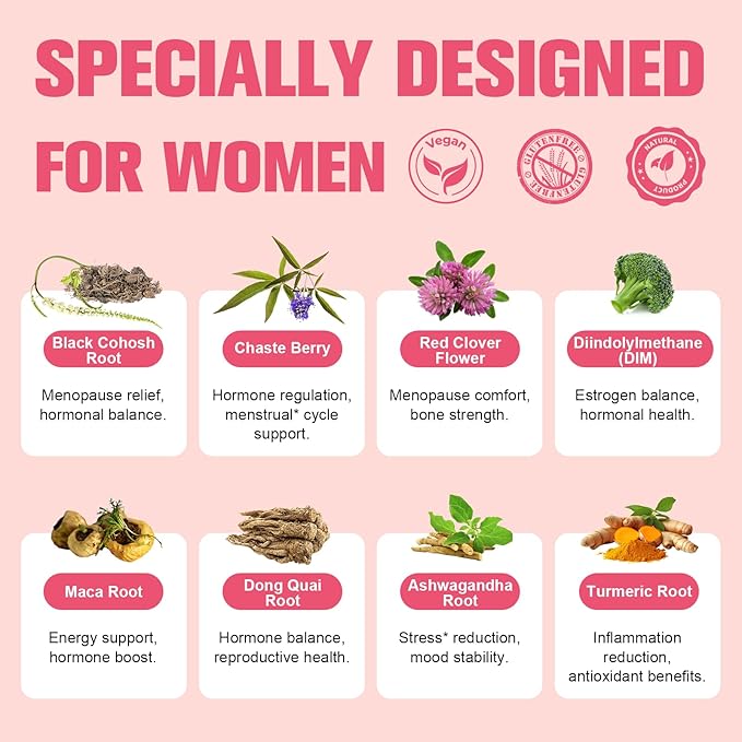 Complete Menopause Supplements for Women, 40-in-1 Hormone Balance for Women Night Sweats Relief*, Hot Flashes, w/Black Cohosh, Probiotics, DIM, Vitex, Dong Quai, Red Clover, 120 Capsules