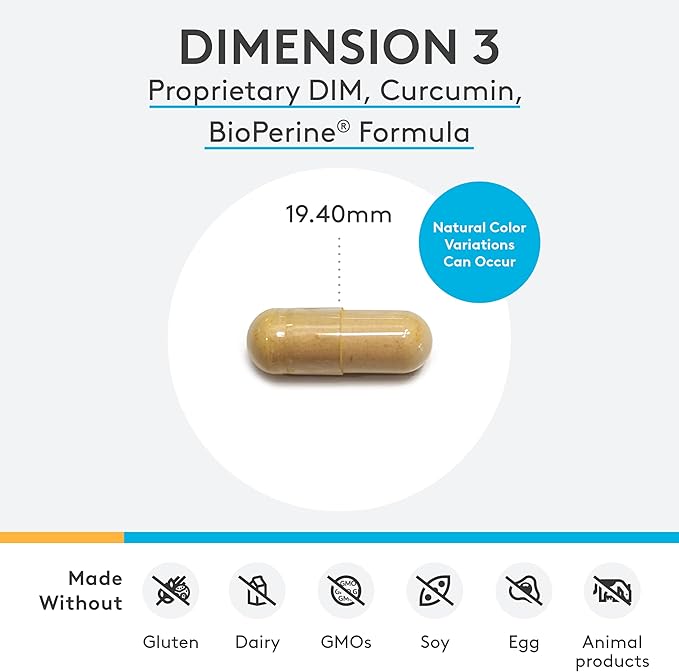 XYMOGEN Dimension 3 - Diindolylmethane DIM Supplement with Curcumin + BioPerine - Supports Healthy Estrogen Detox, Hormonal Balance for Women and Men - Menopause Relief + PMS Support (120 Capsules)