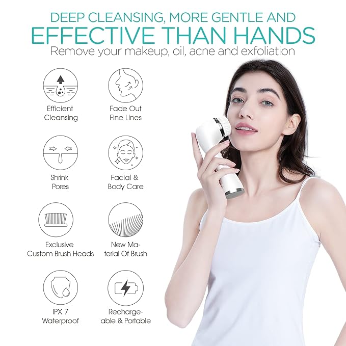 Facial Cleansing Brush Rechargeable, Spin Face Wash Brush IPX7 Waterproof Electric Face Scrubber Exfoliator, 3 Speeds & 5 Brushes for Cleansing and Exfoliating, White