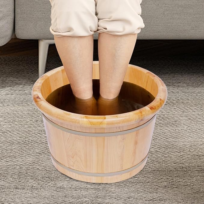 Wooden Foot Bath Bucket Foot Soaking Bath Basin with Lid Wood Footbath Barrel with Massage Roller Pedicure Barrel for Spa, Massage, Sauna 12.2 * 9.84in (Log Color)