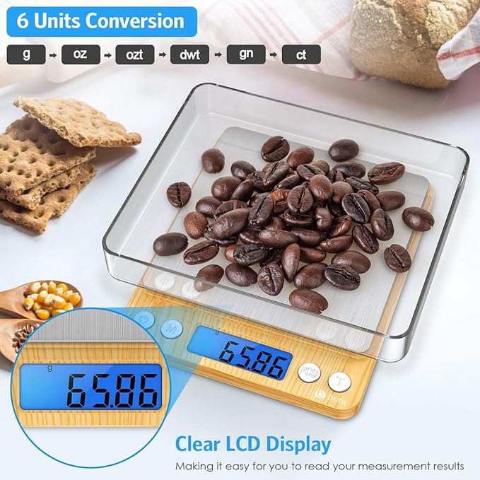 AMIR Digital Kitchen Scale, 500g Mini Pocket Jewelry Scale, Cooking Digital Food Scale with Back-Lit LCD Display, 2 Trays, 6 Units (Battery Included)