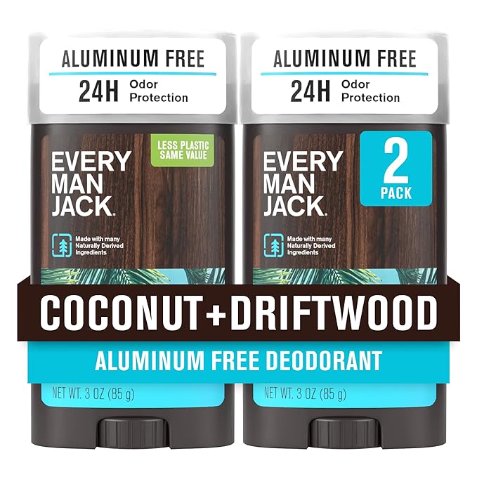 Every Man Jack Coconut Driftwood Men’s Deodorant - Stay Fresh with Aluminum Free Deodorant For all Skin Types - Odor Crushing, Long Lasting, with Naturally Derived Ingredients - 3oz (2 Pack)