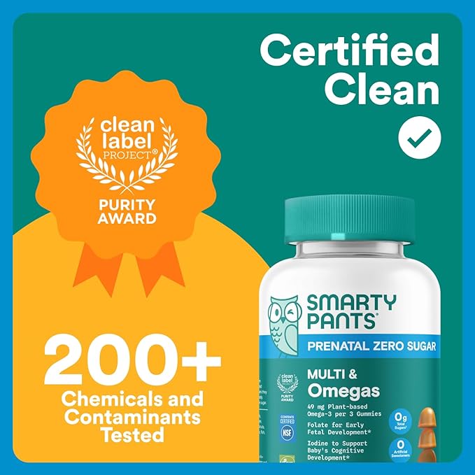 SmartyPants Zero Sugar Prenatal Multivitamin Gummies: Choline, Methylfolate, Omega 3 (ALA), Vitamin D3, C, Vitamin B12, B6, A, K, Zinc, Biotin, Gluten Free, No Sugar Alcohols, 90 Count (30 Day Supply)