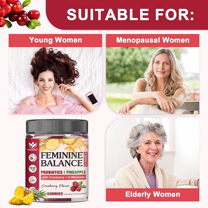 Premium Feminine Balance Gummies for Women - Pineapple Probiotics Gummies with Cranberry Extract and D-Mannose, pH Balance Support, Freshness, Sugar Free, Vegan, Cranberry Flavor - 60 Gummies