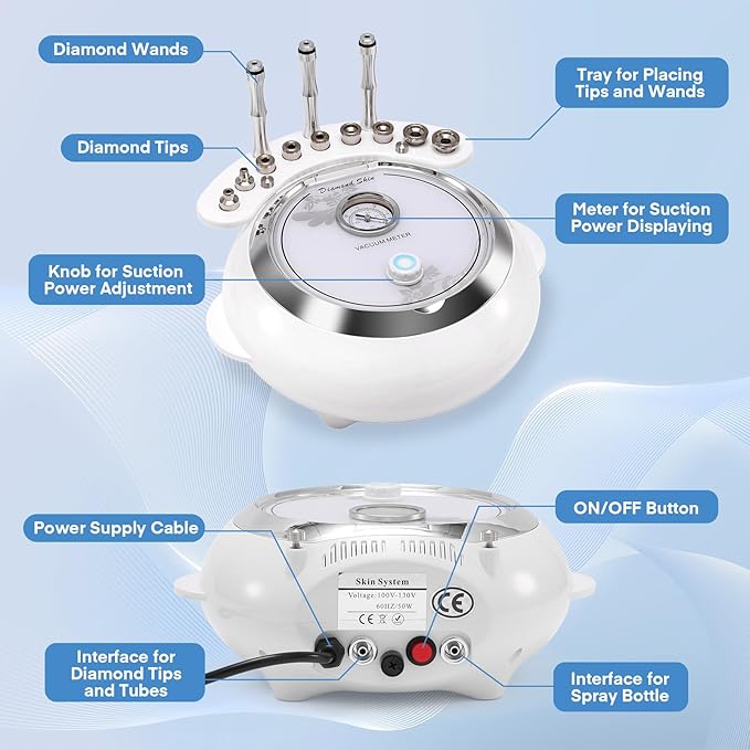 Diamond Microdermabrasion Machine, TopDirect 3 IN 1 Professional Dermabrasion Skincare Device for Adjustable Suction Facial Treatment (Suction Power: 0-68cmHg)