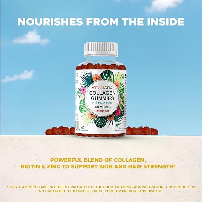 Vitamatic Hydrolyzed Collagen Gummies with Vitamin C, Zinc and Biotin, 200 mg - Healthy Skin Support - 60 Gummies