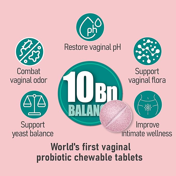 Chewable Vaginal Probiotics for Women 10 Billion CFU + Organic Prebiotics — Supports Vaginal Health, Maintains Vaginal pH Balance & Promotes Feminine Freshness, Strawberry-Flavored Tablets