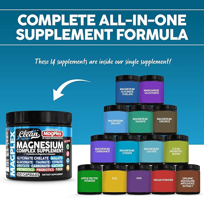 8in1 Magnesium Supplement Complex | Magnesium Glycinate Citrate Malate Gluconate Orotate Carbonate Lactate + Prebiotics Probiotics Digestive Enzymes Magnesio Capsules for Women Men by Clean Nutra
