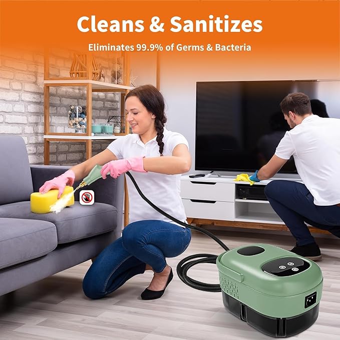 YXQ Handheld Steam Cleaner 2500W High Temperature Pressurized Steam Cleaner 10S Fast Heating with 3 Brush Heads and Extended Rod Portable Steam Cleaning Machine for Kitchen, Bathroom, Tile (Green)