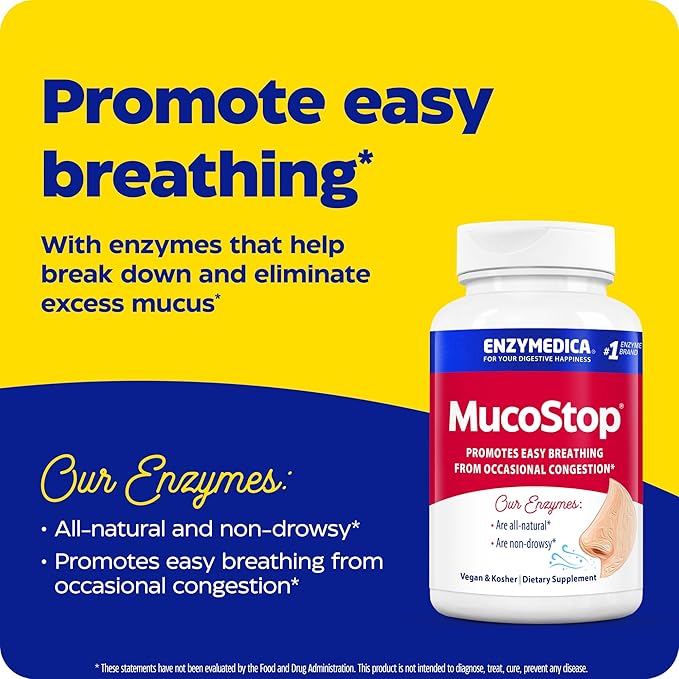 Enzymedica, MucoStop, Natural Enzyme Supplement, Relieves Seasonal or Occasional Congestion, Supports Easy Breathing, 48 Count