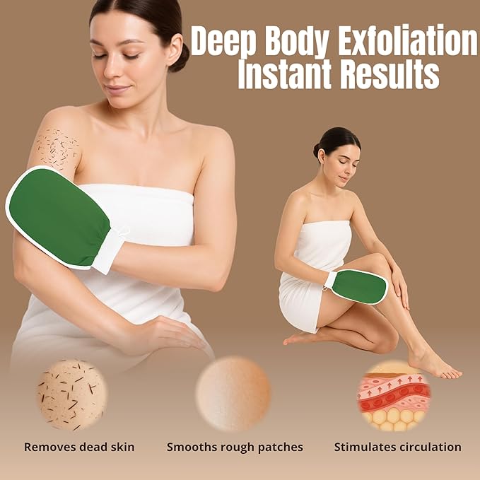 Exfoliating Glove Set (Original) – 3 Pieces Moroccan Hammam Scrub Mitts for Face, Body & Back – Deep Skin Cleansing & Dead Skin Removal – Reusable Spa Exfoliator – Assorted Colors (GREEN)