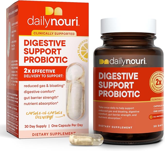 Daily Nouri Digestive Support Probiotic | Bloating & Gas Relief, Digestive Comfort, Gut Health | 3 Probiotic Strains & Vegan Omega Oil | 30-Day Supply