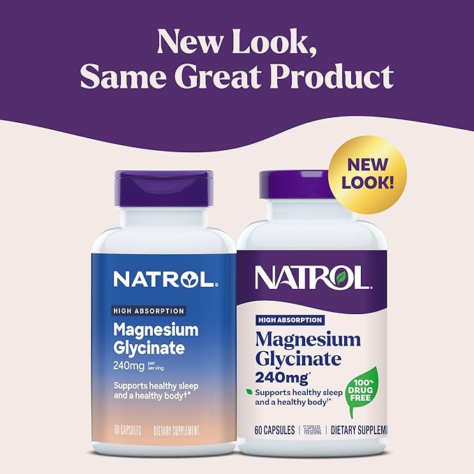 Natrol Magnesium Glycinate Supplements 240 mg - High Absorption - Calm Magnesium Glycinate for Sleep - 60 Capsules, 30 Day Supply