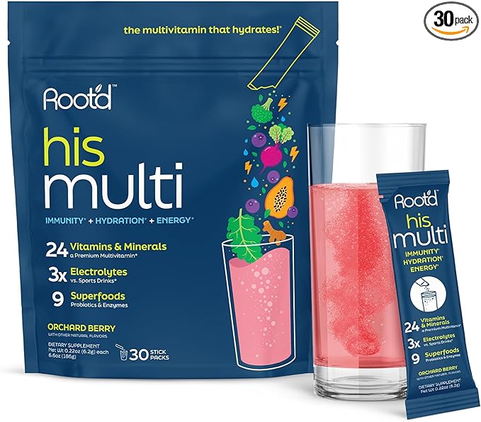 Root'd Multivitamin Powder for Men - 24 Vitamins & Minerals with 3X Electrolytes, 9 Organic Superfoods, Probiotics & Enzymes, Sugar-Free Multivitamin & Hydration | 30 Vitamin Drink Mix Packets