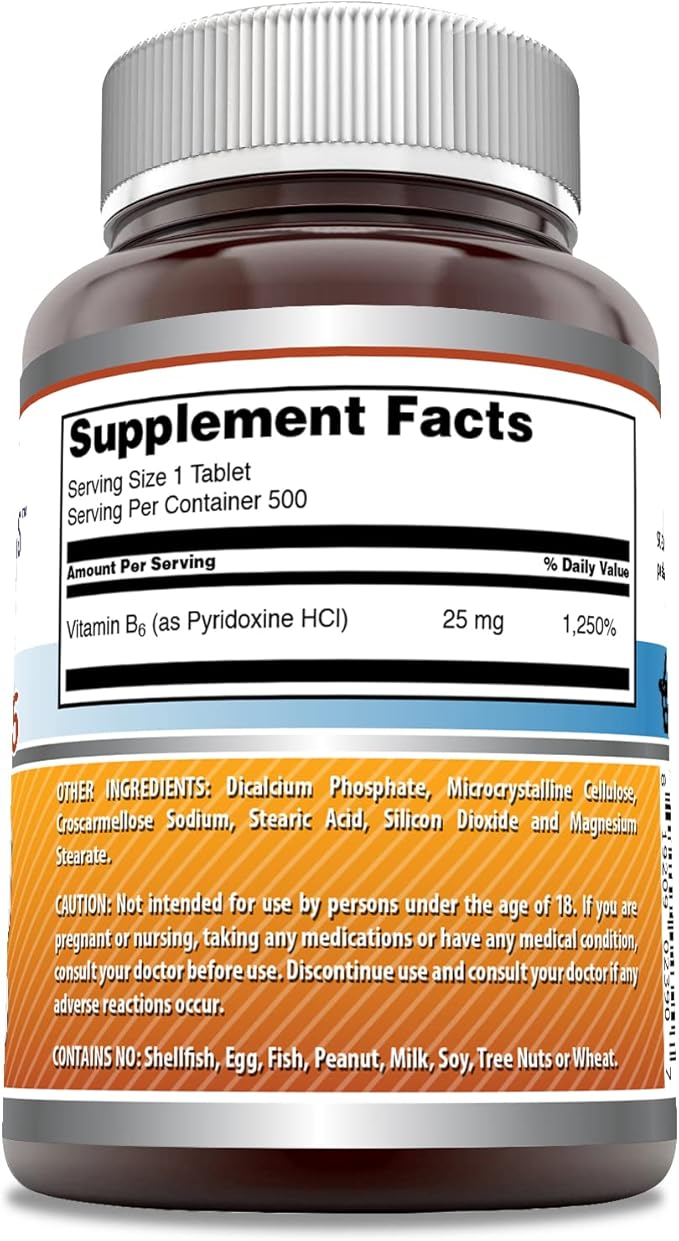 Amazing Formulas Vitamin B6 Pyridoxine Supplement | 25 Mg per Serving | 500 Tablets | Non-GMO | Gluten-Free | Made in USA