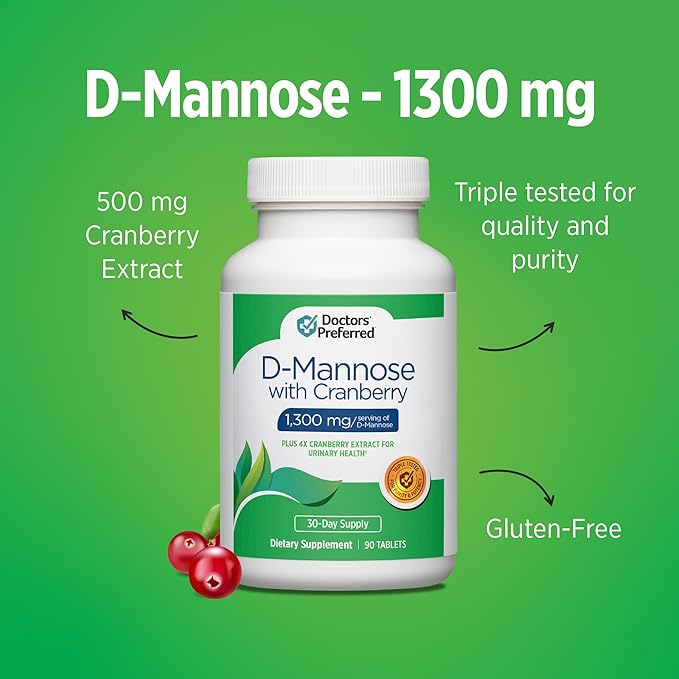 DOCTORS' PREFERRED D-Mannose 1300 MG with Cranberry 500 MG Supplement - Premium Formula (90 Vegan Tablets)