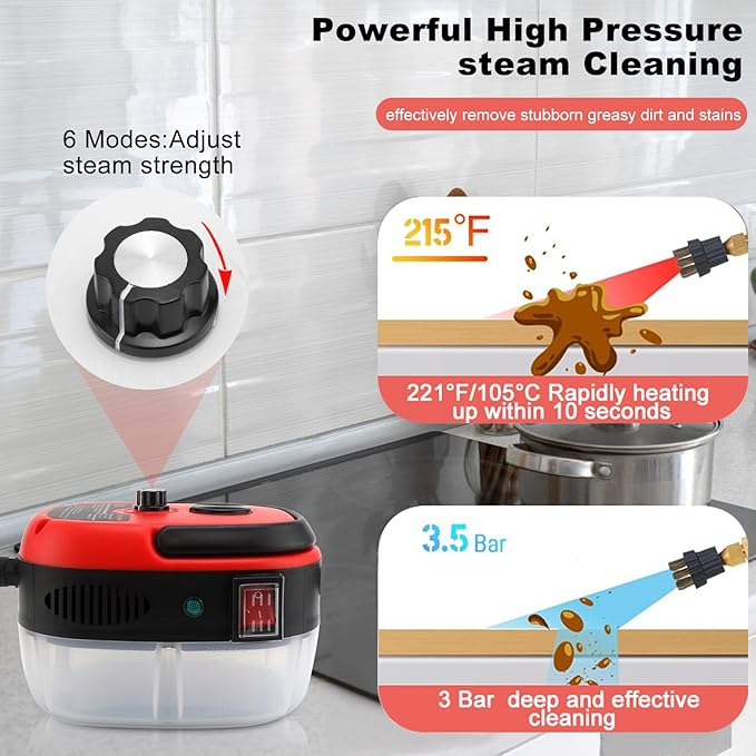 Steam cleaner,Handheld Steamer for Cleaning with 6 Brush Heads, 6 Speeds High Pressure Temperature Portable Steam Cleaner for Upholstery,Kitchen,Furniture Bathroom Car,Grout and Tile (Red)