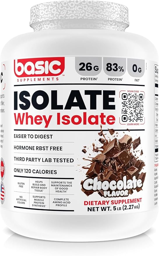Basic Whey Protein Isolate, 26g Protein, 0g Fat, Gluten-Free, RBST-Free, Rapid Absorption, 120 Calories (5 Pound, Chocolate)