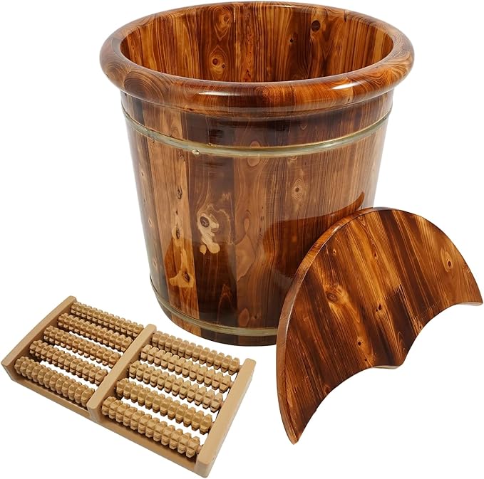 Wooden Foot Bath Bucket Foot Soaking Bath Basin with Lid Wood Footbath Barrel with Massage Beads Plate Pedicure Barrel for Spa, Massage, Sauna 15.75 * 15.75in (Brown)