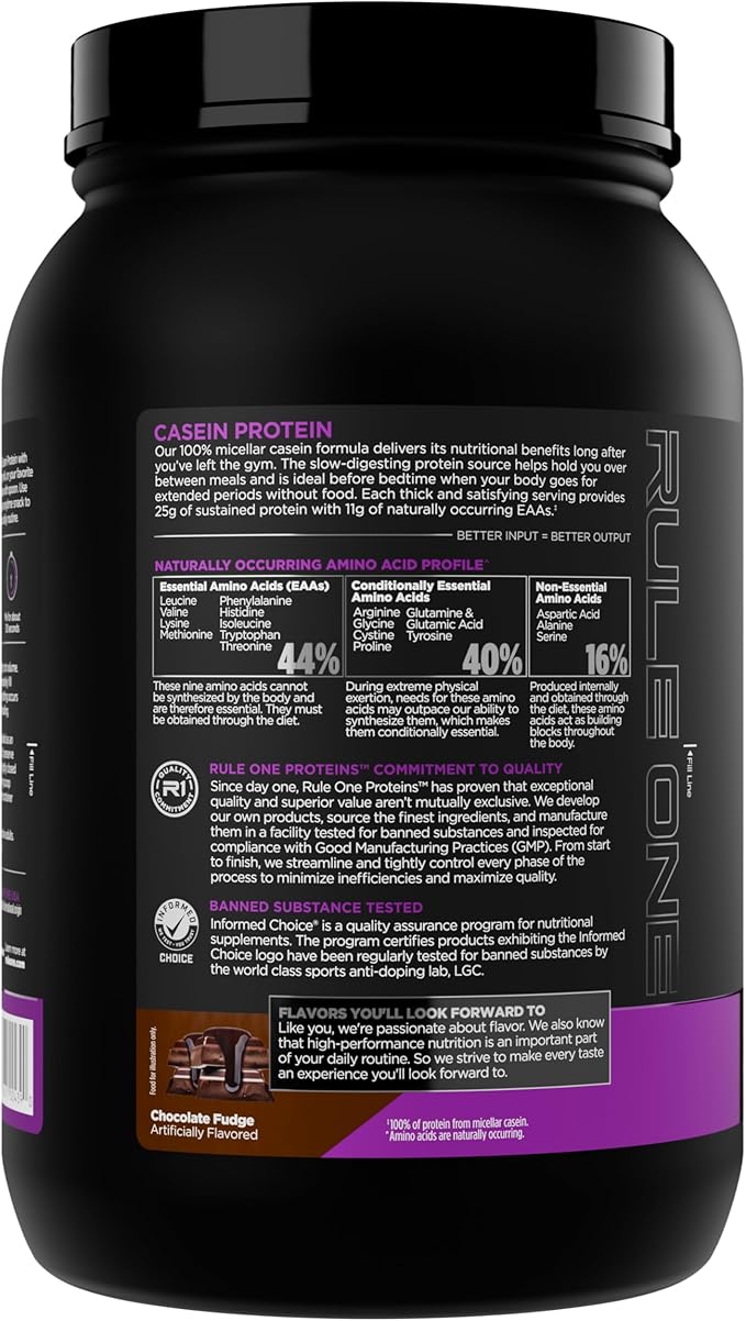 Rule 1 Casein Protein - 25g Protein and 11g EAAs Per Serving from Slow-Release Micellar Casein for Overnight Recovery and Sustained Delivery Between Meals (2 Pounds*, Chocolate Fudge)