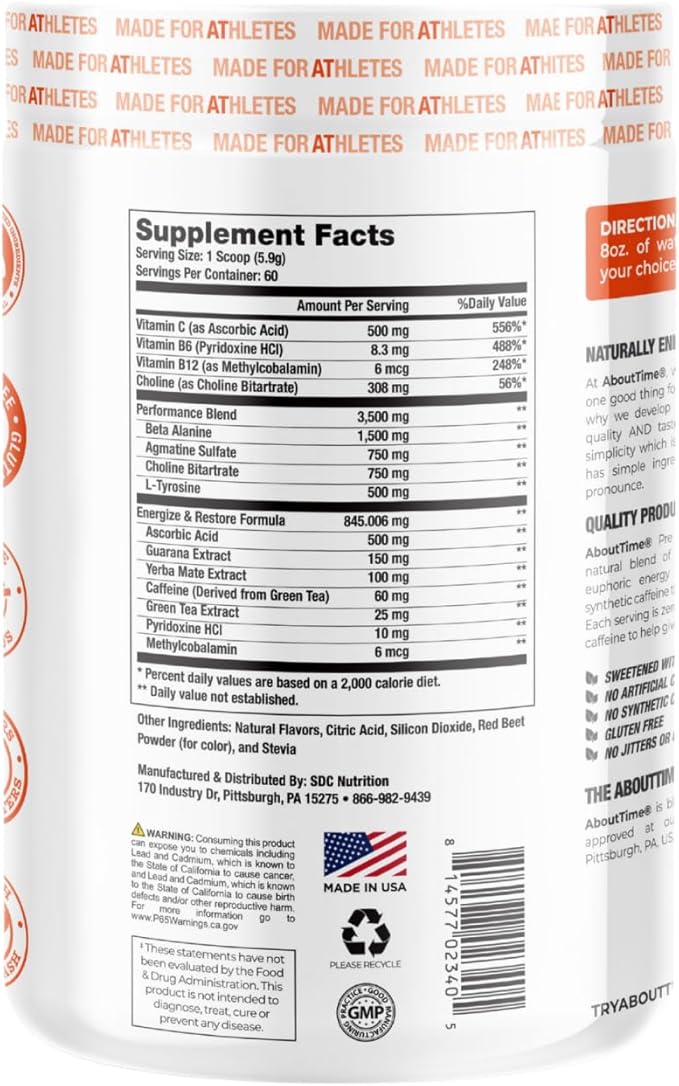 About Time Pre Workout Energy + Focus, Watermelon | 60mg Caffeine from Green Tea, Natural Flavors, No Jitters or Crashes, No Stim, Gluten Free, Sugar Free, 60 Servings