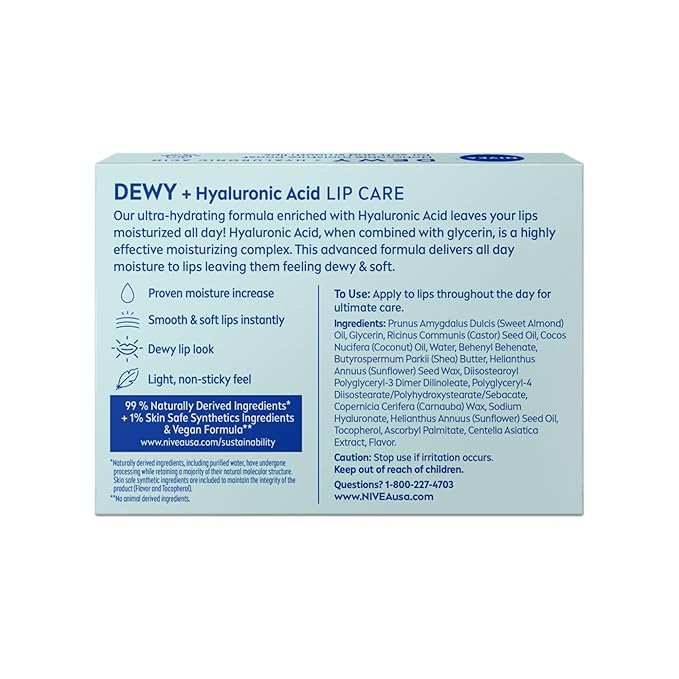 NIVEA Dewy Lip Balm with Hyaluronic Acid, Lightweight and Ultra-Hydrating for All Day Moisture, Leaves Visibly Less Noticeable Lip Lines and No Waxy Feel, 0.18 Oz, Pack of 4
