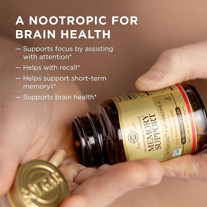 Solgar Memory Support Brain Dietary Supplement for Memory and Focus, Clinically Studied Nutricog, Vitamin D & Huperzine-A, Nootropic Brain Health Supplement, Healthy Aging Support, 30 Servings