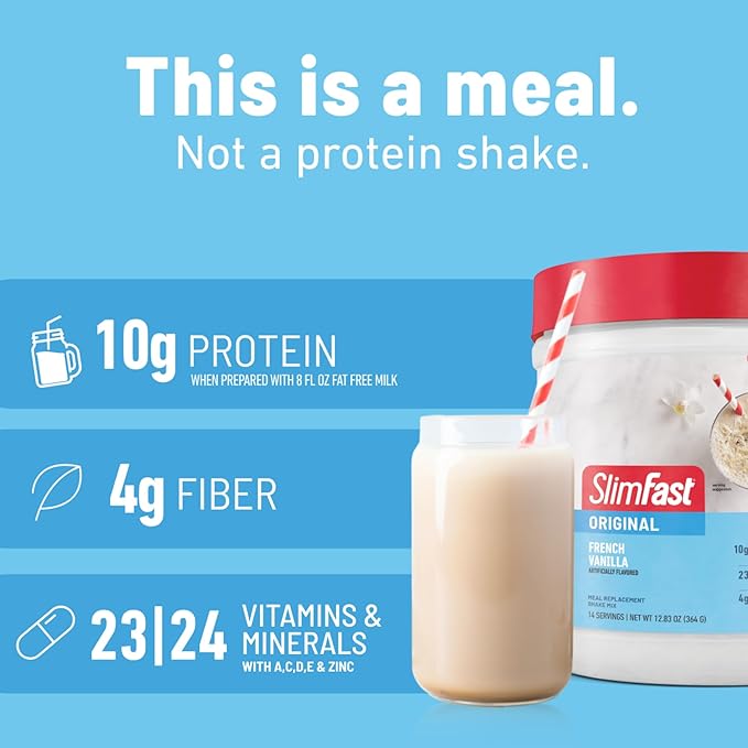 SlimFast Meal Replacement Powder, Original French Vanilla, Shake Mix, 10g of Protein, 52 Servings