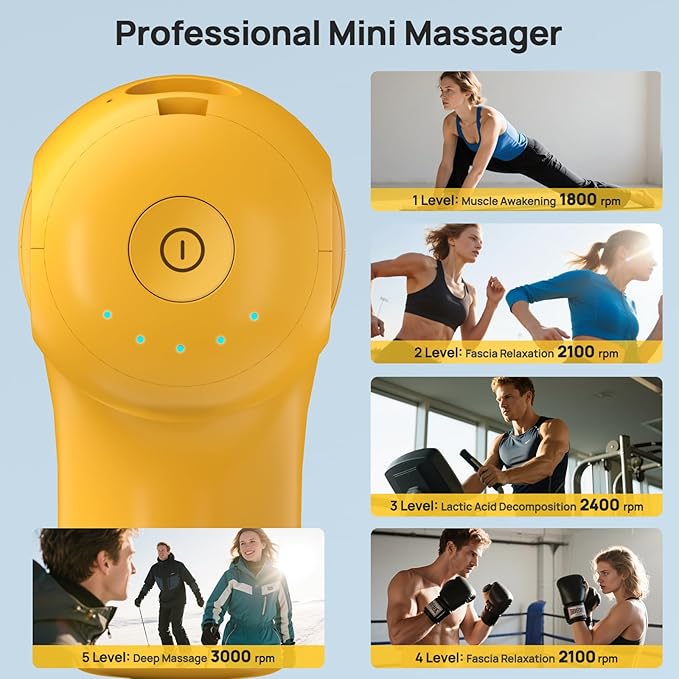 Super Mini Massage Gun Deep Tissue with 5 Speeds, Small Travel Size Percussion Muscle Massager for Pain Relief with 4 Attachments, Handheld Portable Massager Gun for Man & Women, Yellow