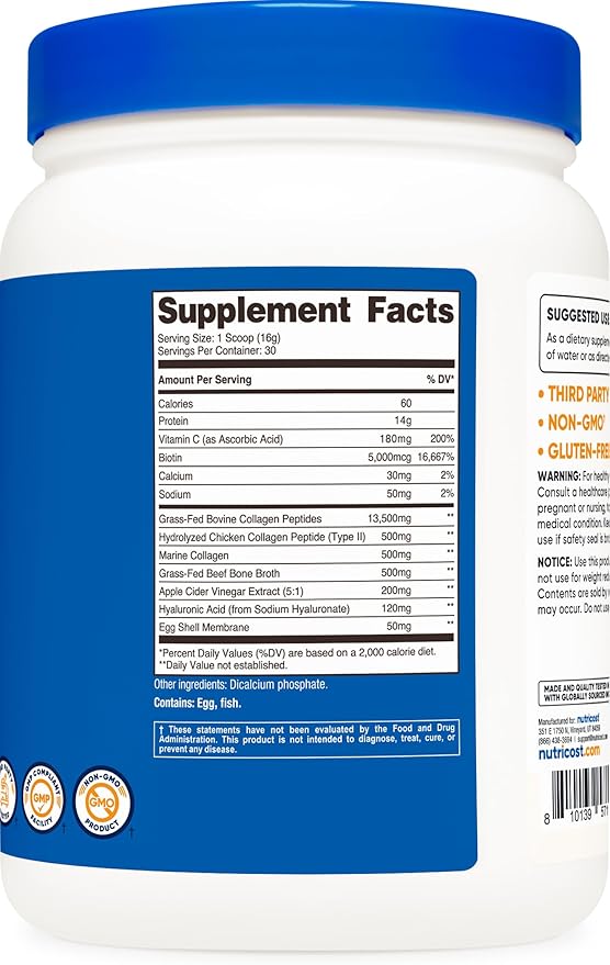 Nutricost Multi Collagen Protein Complex (Unflavored, 30 Servings) - Supplement with Biotin, Hyaluronic Acid, and Collagen Peptides