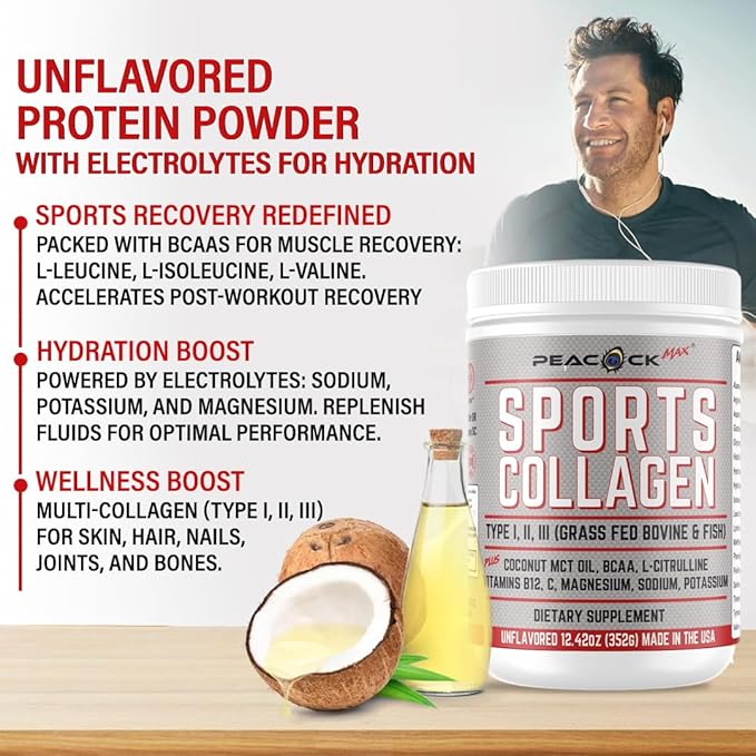 Sports Collagen Electrolytes Powder, 12.42 oz - Grass Fed Bovine & Wild Fish Hydrolyzed Type I, II, III Multi Collagen Peptides for Electrolyte Drinks, Unflavored Protein Powder with BCAA, Magnesium